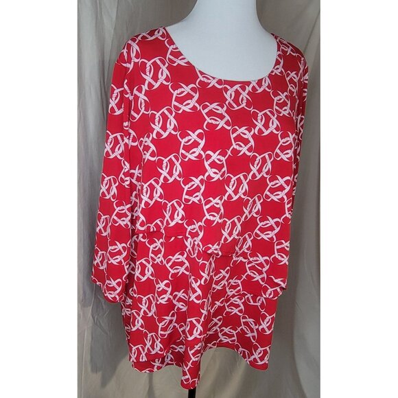 Susan Graver Womens 1X Red White Blouse Top Chainlink Layered 3/4 Sleeve Stretch - Picture 12 of 15